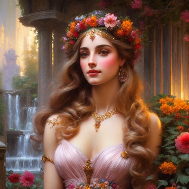 Prompt: full body  splash art of the goddess Persephone, detailed face, flowers, long hair, blonde, fully dressed, feminine, pastel colors, friendly, elegant, highly detailed, intricate, smooth, chiaroscuro, sharp focus, artstation, digital painting, concept art, art by greg rutkowski, John William Waterhouse, D&D, fantasy, garden