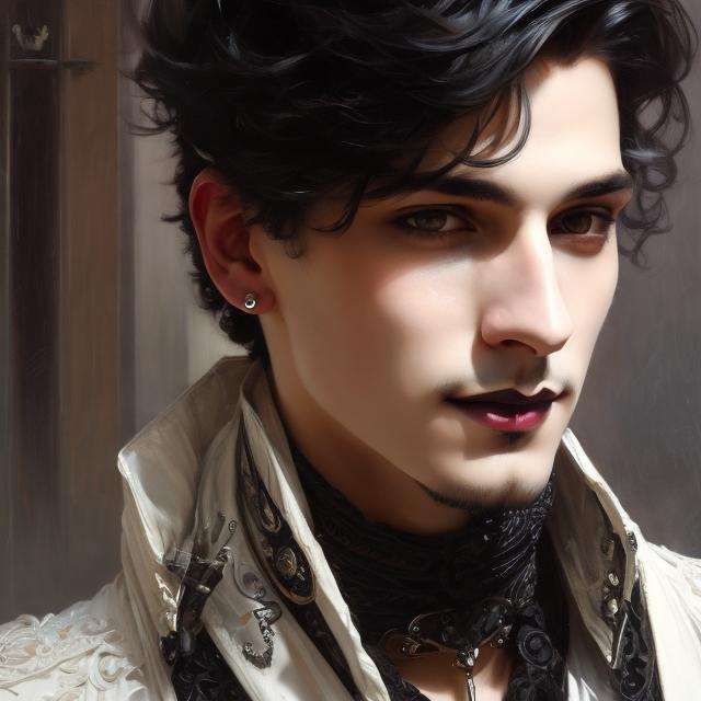 Prompt: portrait painting of a man, detailed face, looking at the camera, goth style, piercings, short hair, dark, leather pants, flirty, smiling, elegant, friendly, androgynous, highly detailed, intricate, smooth, sharp focus, artstation, digital painting, concept art,art by greg rutkowski, alphonse mucha and John William Waterhouse, D&D, fantasy