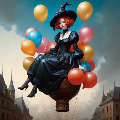 Prompt: art by Bastien Lecouffe-Deharme, Hayv Kahraman, Erik Madigan Heck, Nicholas Hughes, Nicholas Hilliard, Daarken, dark fantasy balloon witch, chubby, sitting on a big balloon, wearing shiny clothes, sitting on balloons, masterpiece, classical beauty, beautiful, desirable, smiling, highly detailed, shiny, balloon hair, metallic color balloons, colorful, war, glow, cinematic lighting, surrounded by balloons, interacting with balloons