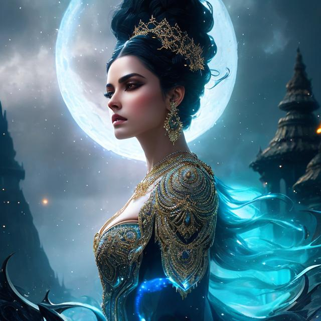 Prompt: A beautiful fantasy female, white skin, ornate jewelry, highly detailed full body , just one head, long white hair, shimmering, wearing dark blue dress, dark cloud background with stars, epic composition, ultra wide-shot, dynamic pose, concept art, dramatic lighting, digital painting, smooth, character design, ((sharp focus))