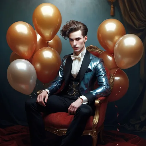 Prompt: art by Bastien Lecouffe-Deharme, Hayv Kahraman, Erik Madigan Heck, Nicholas Hughes, Nicholas Hilliard, Daarken, dark fantasy balloon prince, handsome, masculine, man, sitting on a big shiny balloon, wearing shiny clothes, masterpiece, classical beauty, beautiful, desirable, smiling, highly detailed, shiny, balloon hair, metallic color balloons, colorful, glow, cinematic lighting, surrounded by balloons, interacting with balloons
