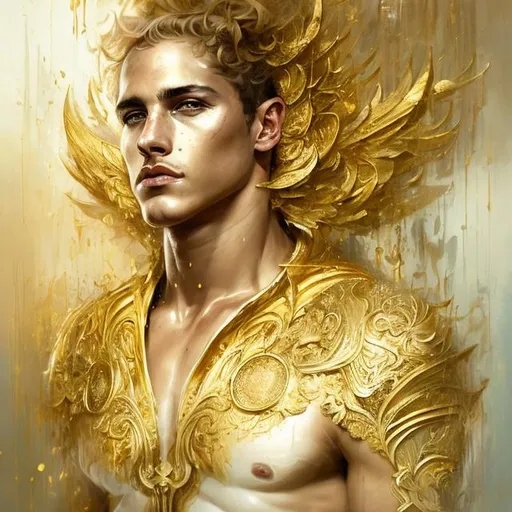 Prompt: art by Bastien Lecouffe Deharme and Billelis; splash art of the god Apollo, handsome, golden, sensual, looking at the camera, long golden hair, magical, athletic, masculine, Greek, masterpiece, perfect male, highly detailed, detailed eyes, looking at the camera, fantasy, high definition, realistic, digital art, masterpiece, golden colors, 