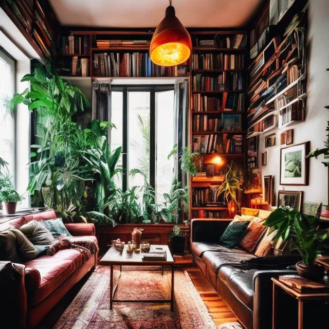 Prompt: a cozy studio apartment at night, many books, many plants, large windows, leather sofa, colorful paintings on the wall, comfortable, lamps, masculine, wood furniture