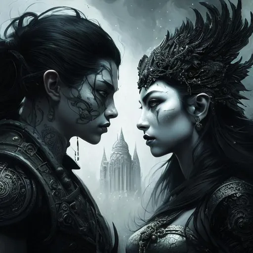 Prompt: portrait image of a god and a goddess, chthonic, underworld, small chest, European, in love, dark hair, dark leather, dark dress, outside,  embracing, detailed eyes, detailed face, elegant, intricate, details, detailed, hyperrealistic, splash art, realistic style, fantasy, flirty, elegant, highly detailed, smooth, chiaroscuro, sharp focus, artstation, digital painting, concept art, D&D, fantasy