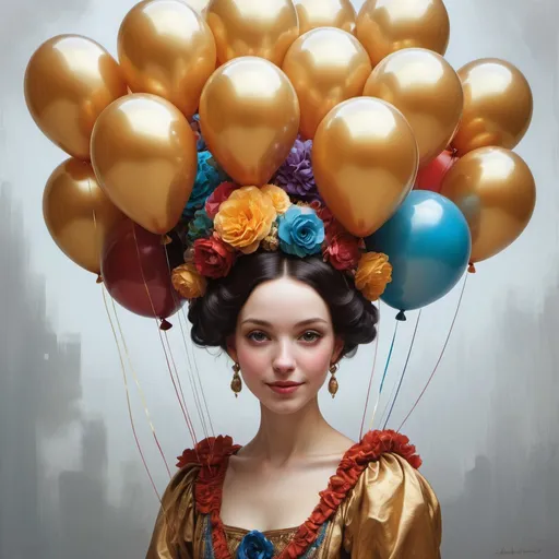 Prompt: art by Bastien Lecouffe-Deharme, Hayv Kahraman, Erik Madigan Heck, Nicholas Hughes, Nicholas Hilliard, Daarken, faerietale couture, bright fantasy goddess wearing a balloon crown, masterpiece, classical beauty, beautiful, desirable, smiling, goddess of balloons, highly detailed, shiny, balloon hair, metallic color balloons, colorful, golden glow, cinematic lighting, surrounded by balloons, interacting with balloons