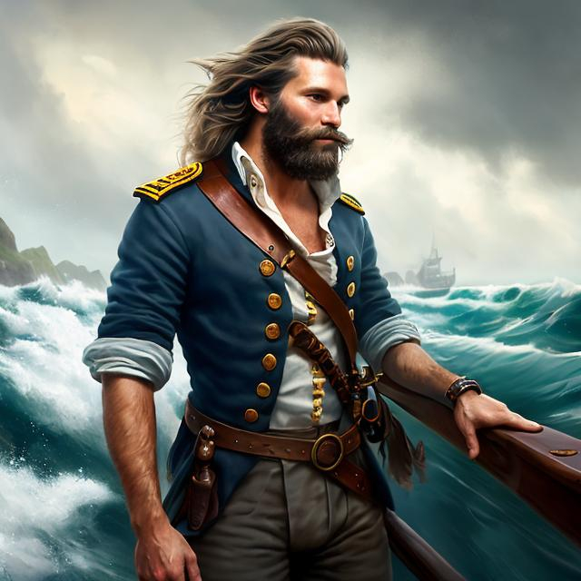 Prompt: full body splash art of a young sea captain on board a ship, roguish dark hair, medium length hair, flowing hair, unruly hair, tall, athletic, white shirt, adventure, fantasy, realistic, highly detailed, detailed face, details, high quality, natural, outside, on board a ship, pirate ship, blue skies, blue sea, wind in his hair, tanned skin, 8k, art by luis royo, leather armor, neat and clean tangents, high contrast