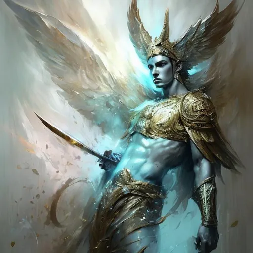 Prompt: art by Bastien Lecouffe Deharme and Billelis; full body splash art of the god Hermes in his 40s, handsome, soft, sensual, looking at the camera, powerful, cunning, androgynous, Greek, masterpiece, highly detailed, detailed eyes, looking at the camera, fantasy, high definition, realistic, digital art, masterpiece, caduceus