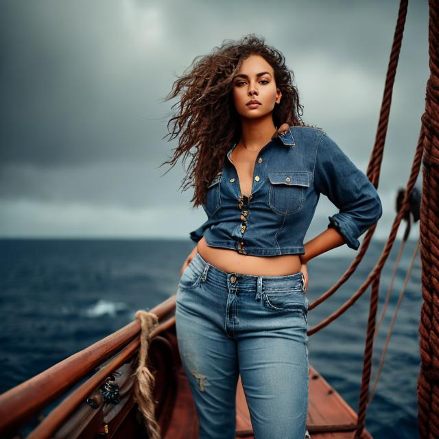 Prompt: full body image of a woman, on board a pirate ship, wearing jeans, unruly hair, curvy, adventure, fantasy, realistic, highly detailed, detailed face, details, high quality, natural, outside, on board a ship, pirate ship, crimson sails, blue skies, blue sea, wind in his hair, tanned skin, 8k, art by luis royo, leather armor, neat and clean tangents, high contrast, concept art, looking at the camera