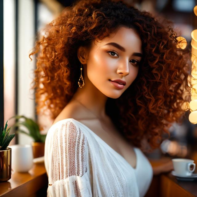 Prompt: a beautiful young woman with red curly hair, highly detailed full body, just one head, long hair, happy, shimmering, white skin, inside a cozy coffee shop, epic composition, ultra wide-shot, dynamic pose, concept art, dramatic lighting, digital painting, smooth, character design, ((sharp focus))