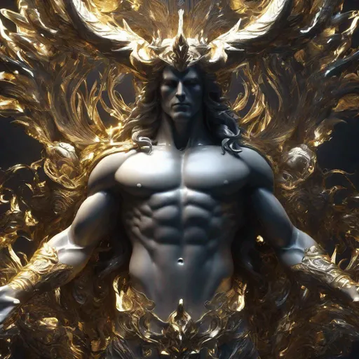 Prompt: Holy, Radiant, Majestic, 3D, HD, Cinematic lighting, (Beautiful {biblical demon}Male, {liquid}gold silver jade ivory sapphire), expansive ethereal background beautiful dark chaos, hyper realistic, 8K --s98500