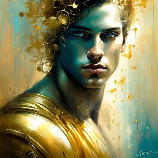 Prompt: art by Bastien Lecouffe Deharme and Billelis; splash art of the god Apollo, handsome, golden, sensual, looking at the camera, blue eyes, long golden hair, powerful, athletic, masculine, Greek, masterpiece, perfect male, highly detailed, detailed eyes, looking at the camera, fantasy, high definition, realistic, digital art, masterpiece, golden colors, 