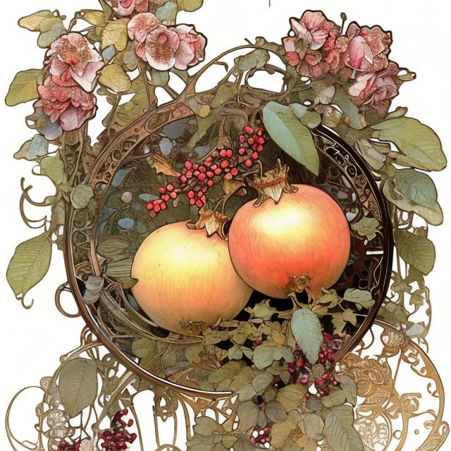 Prompt: Alphonse Mucha, Ayami Kojima, and Luis Royo; a close up of a pomegranate, fruit, elegant, intricate, details, detailed, flowers in the background, hyperrealistic, splash art, realistic style, fantasy, elegant, highly detailed, smooth, chiaroscuro, sharp focus, artstation, digital painting, concept art, D&D, fantasy