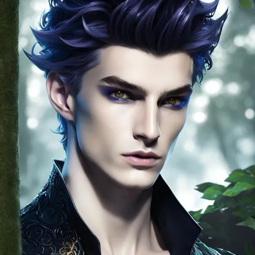 Prompt: portrait splash art of a male high fae villain, Enchanted, Radiant, Majestic, 3D, HD, normal body type, thin, sensual, fully clothed, light hair, magical, masterpiece, in a garden, leaning against a tree, looking at the camera, chiaroscuro, hyper realistic, 8K --s98500, highly detailed, detailed clothes, fantasy, concept art