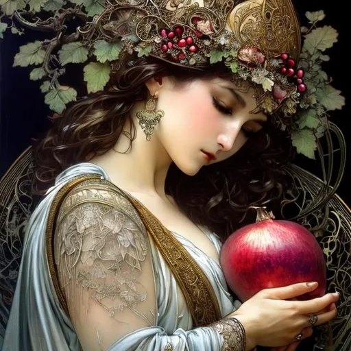 Prompt: Alphonse Mucha, Ayami Kojima, and Luis Royo; splash art of a pomegranate, fruit, elegant, intricate, delicious, succulent, details, detailed, flowers in the background, dark background, hyperrealistic, splash art, realistic style, fantasy, elegant, highly detailed, smooth, chiaroscuro, sharp focus, artstation, digital painting, concept art, D&D, fantasy