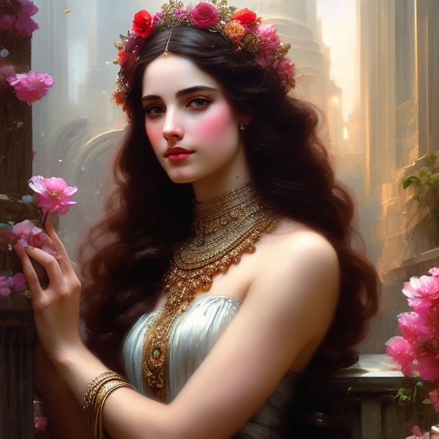 Prompt: portrait splash art of the goddess Persephone, detailed face, flowers,  long hair, feminine, pastel colors, friendly, elegant, highly detailed, intricate, smooth, chiaroscuro, sharp focus, artstation, digital painting, concept art, art by greg rutkowski, John William Waterhouse, D&D, fantasy, garden