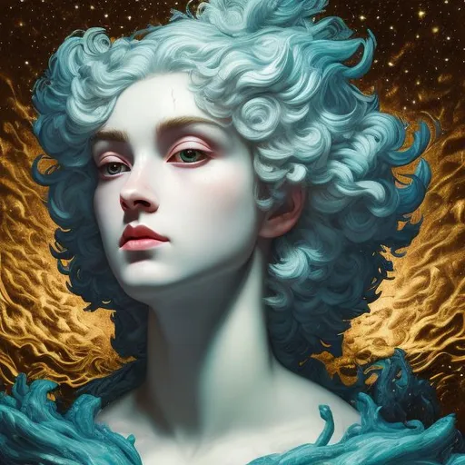 Prompt: art by Erik Madigan Heck; splash art portrait of a shining god, Greek Mythology, ethereal, monstrous, starry background, beautiful, masterpiece, HD, 8k, highly detailed, looking at the camera, cinematic lighting,