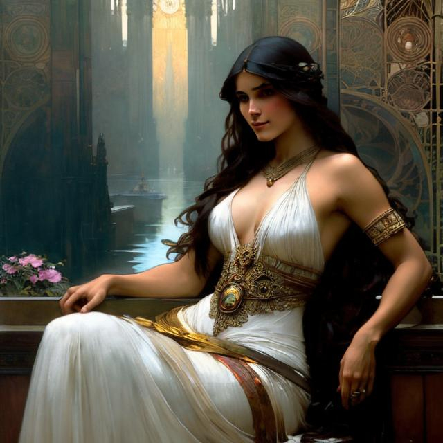 Prompt:  art by greg rutkowski, Alphonse Mucha, and John William Waterhouse, full body splash art of an old sorceress, beautiful, friendly, looking at the camera, masterpiece, sensual, desire, open eyes, visible face, 8k, highly detailed, intricate, smooth, sharp focus, artstation, digital painting, concept art, D&D, fantasy, 