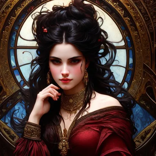 Prompt: Portrait splash art of a goddess, furious, angry, older, bloody tears, blood on face, blood, wavy hair, feminine, small chest, dark dress, dangerous, flirty, elegant, highly detailed, intricate, smooth, chiaroscuro, sharp focus, artstation, digital painting, concept art, art by alphonse mucha and John William Waterhouse, D&D, fantasy