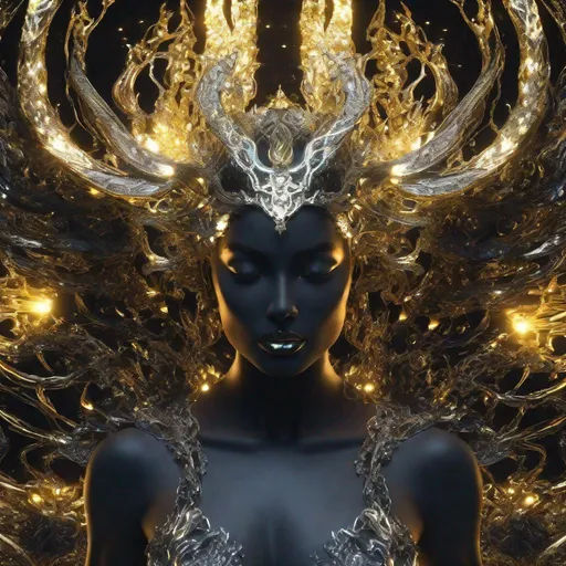 Prompt: Holy, Radiant, Majestic, 3D, HD, Cinematic lighting, (Beautiful {biblical demon}Female, {liquid}gold silver jade ebony sapphire), expansive ethereal background beautiful dark chaos, hyper realistic, 8K --s98500
