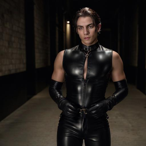 Prompt: An image of a beautiful young man, full body, desirable, elegant, wearing black leather, leather pants, leather gloves, handcuffs, restraints, tied up, captured, with short dark hair, dark eyes, natural light, dark colors, outside at dusk, hyperrealistic, 8k, realism, highly detailed, open eyes, detailed face