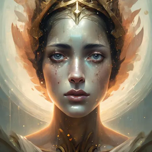 Prompt: art by Bastien Lecouffe-Deharme, Hayv Kahraman; splash art portrait of a shining god, Greek Mythology, ethereal, starry background, elegant, desirable, beautiful, masterpiece, HD, 8k, highly detailed, looking at the camera, cinematic lighting,