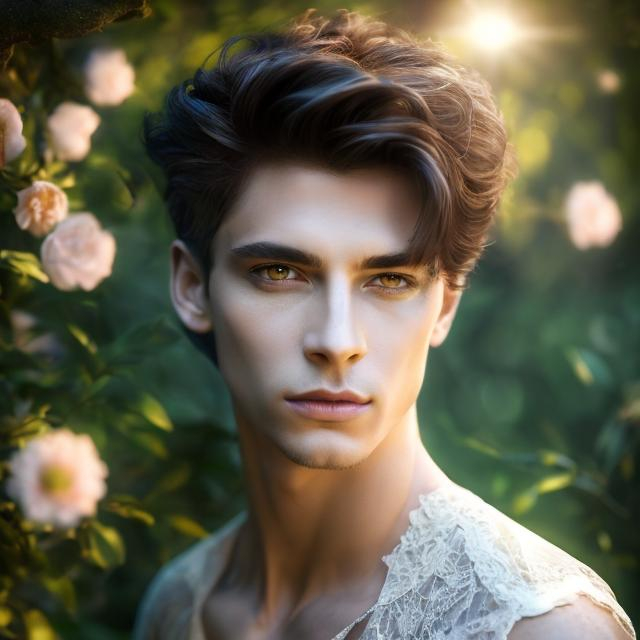 Prompt: portrait of a male fae, Enchanted, Radiant, Majestic, 3D, HD, normal body type, sensual, fully clothed, light hair, magical, masterpiece, in a garden, leaning against a tree, looking at the camera, chiaroscuro, hyper realistic, 8K --s98500, highly detailed, detailed clothes, fantasy, concept art