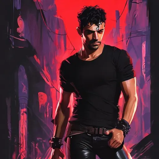 Prompt: A photo of a beautiful man of Greek ancestry, in his late 20s, wearing a black t-shirt, leather pants, with short dark hair, dark eyes, friendly face, shadows in the background, portrait, natural light, vibrant colors, concept art, movie poster