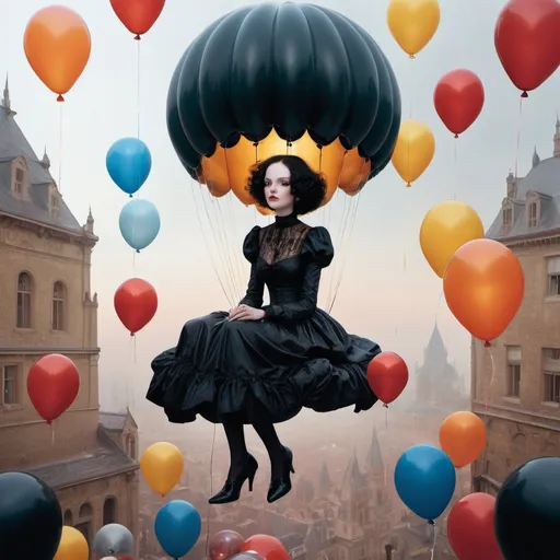 Prompt: art by Bastien Lecouffe-Deharme, Hayv Kahraman, Erik Madigan Heck, Nicholas Hughes, Nicholas Hilliard, Daarken, dark fantasy balloon witch, sitting on a big balloon, wearing shiny clothes, sitting on balloons, masterpiece, classical beauty, beautiful, desirable, smiling, highly detailed, shiny, balloon hair, metallic color balloons, colorful, war, glow, cinematic lighting, surrounded by balloons, interacting with balloons