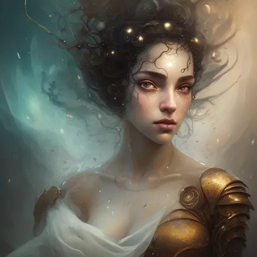 Prompt: art by Bastien Lecouffe-Deharme, Hayv Kahraman; splash art portrait of a Fury, Greek Mythology, Alecto, armor, dark hair, ethereal, starry background, elegant, desirable, beautiful, masterpiece, HD, 8k, highly detailed, looking at the camera, cinematic lighting, 