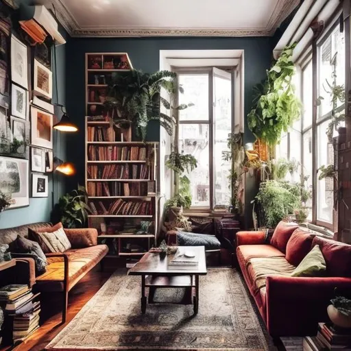 Prompt: a cozy studio apartment, many books, many plants, large windows, big sofa, colorful paintings on the wall, comfortable, dusk, twilight, lamps, masculine, wood furniture