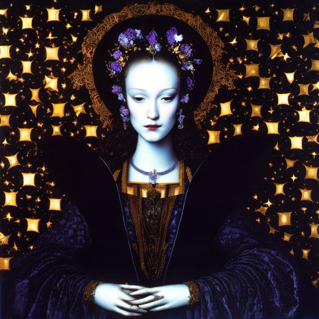 Prompt: art by Nicholas Hilliard, portrait of a dark goddess, ethereal, starry background, elegant, beautiful, masterpiece, HD, 8k, highly detailed, looking at the camera