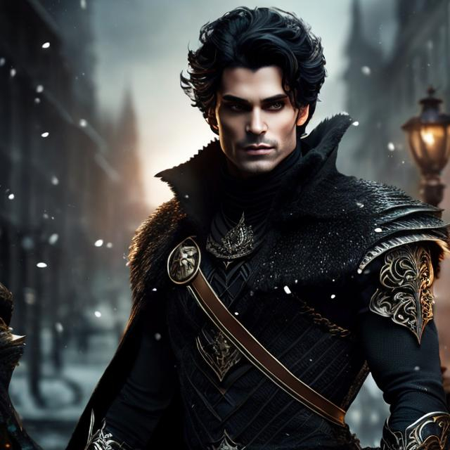 Prompt: A handsome dark haired cruel fae prince, prince of the north, drinking coffee, highly detailed full body, masculine, just one head, long hair, shimmering, wearing dark clothes clothes, inside a cozy coffee shop, epic composition, ultra wide-shot, dynamic pose, concept art, dramatic lighting, digital painting, smooth, character design, ((sharp focus))
