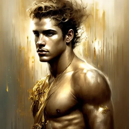 Prompt: art by Bastien Lecouffe Deharme and Billelis; splash art of the god Apollo, handsome, golden, sensual, looking at the camera, long golden hair, with arrows, athletic, masculine, Greek, masterpiece, perfect male, highly detailed, detailed eyes, looking at the camera, fantasy, high definition, realistic, digital art, masterpiece, golden colors, 
