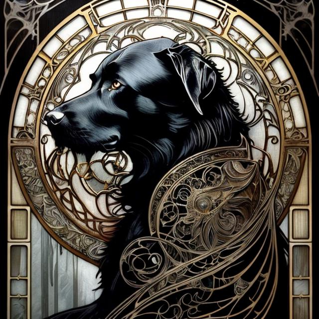 Prompt: Alphonse Mucha, Luis Royo, Ayami Kojima; full body splash art of a black dog, magical,  all black fur, detailed eyes, detailed face, elegant, intricate, details, detailed, hyperrealistic, splash art, realistic style, fantasy, elegant, highly detailed, smooth, chiaroscuro, sharp focus, artstation, digital painting, concept art, D&D, fantasy