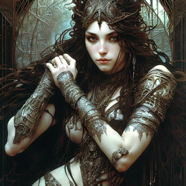 Prompt: Nesta Archeron, splash art, detailed, eyes, highly detailed, elegant, intricate, 8k, art by Alphonse Mucha, Luis Royo