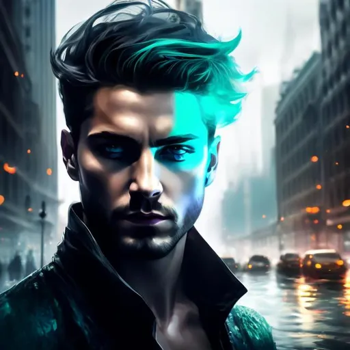 Prompt: portrait splash art of a cruel fae prince with turquoise eyes, man, beautiful, cold, assassin, looking at the camera, in a modern city, masterpiece, sensual, long hair, desire, open eyes, visible face, 8k, highly detailed, intricate, smooth, sharp focus, artstation, digital painting, concept art, art by greg rutkowski, Alphonse Mucha, Luis Royo, and John William Waterhouse, D&D, urban fantasy, 