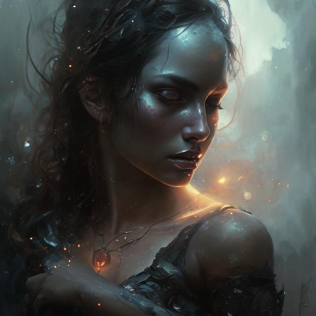 Prompt: art by Bastien Lecouffe-Deharme, portrait of a dark goddess, ethereal, starry background, elegant, beautiful, masterpiece, HD, 8k, highly detailed, looking at the camera