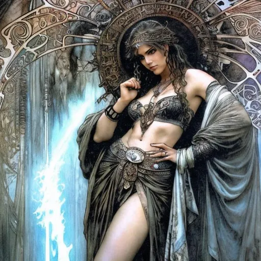 Prompt: art by Luis Royo and Alphonse Mucha, full body splash art of Zeus wearing a toga, middle aged, highly detailed, detailed eyes, looking at the camera, fantasy, high definition, realistic, digital art, masterpiece