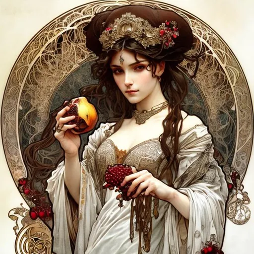 Prompt: Alphonse Mucha, Ayami Kojima, and Luis Royo; a white female hand holding a pomegranate, elegant, intricate, details, detailed, hyperrealistic, splash art, realistic style, fantasy, elegant, highly detailed, smooth, chiaroscuro, sharp focus, artstation, digital painting, concept art, D&D, fantasy