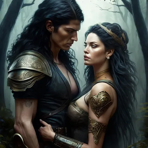 Prompt: portrait image of a couple, two people, a tall man and a woman, warriors, god, goddess, Greek heritage, in love, dark hair, dark leather, dark dress, outside in the forest, in love, embracing, detailed eyes, detailed face, details, soft colors, detailed, hyperrealistic, splash art, realistic style, fantasy, chthonic, 