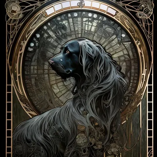 Prompt: Alphonse Mucha, Ayami Kojima, and Luis Royo; full body splash art of a huge scary black dog looking at the camera, magical, menacing, all black fur, detailed eyes, detailed face, elegant, intricate, details, detailed, hyperrealistic, splash art, realistic style, fantasy, elegant, highly detailed, smooth, chiaroscuro, sharp focus, artstation, digital painting, concept art, D&D, fantasy