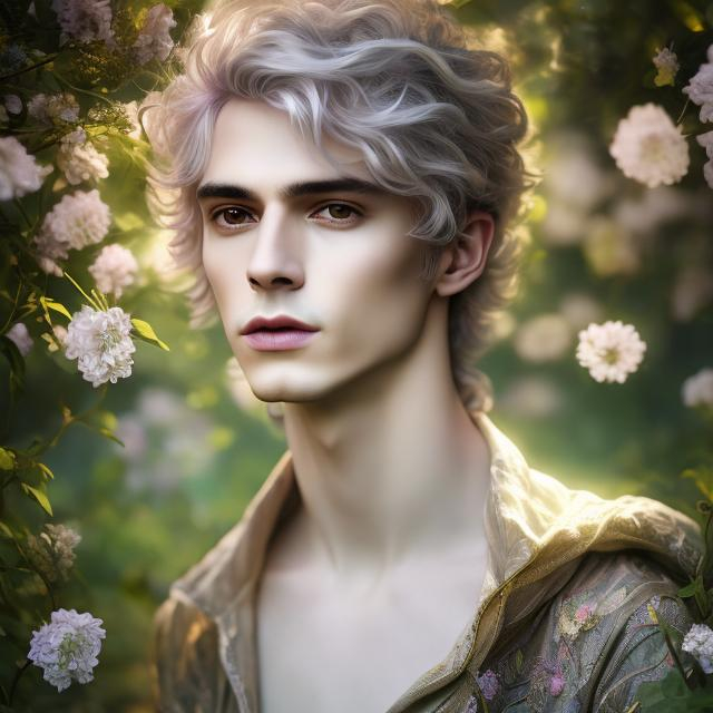 Prompt: portrait of a male fae, Enchanted, Radiant, Majestic, 3D, HD, normal body type, sensual, fully clothed, light hair, magical, masterpiece, in a garden, leaning against a tree, looking at the camera, chiaroscuro, hyper realistic, 8K --s98500, highly detailed, detailed clothes, fantasy, concept art