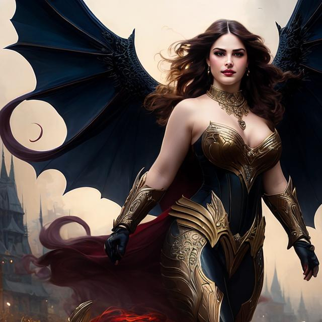 Prompt: full body image of a female fury, older, chubby, beautiful, wavy hair, feminine, charming, flirty, elegant, menacing, bleeding eyes, bat wings on the back, highly detailed, intricate, smooth, sharp focus, artstation, digital painting, concept art, art by greg rutkowski, alphonse mucha and John William Waterhouse, D&D, fantasy