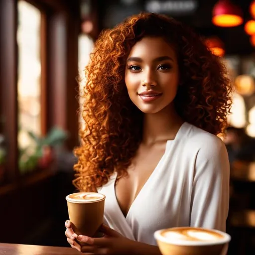 Prompt: a beautiful young woman with red curly hair, highly detailed full body, just one head, long hair, happy, shimmering, white skin, inside a cozy coffee shop, epic composition, ultra wide-shot, dynamic pose, concept art, dramatic lighting, digital painting, smooth, character design, ((sharp focus))