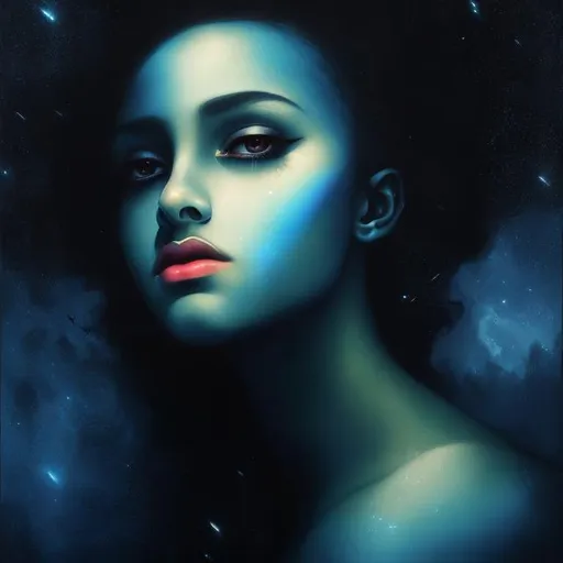 Prompt: art by Nicholas Hughes, portrait of a dark goddess, ethereal, starry background, elegant, beautiful, masterpiece, HD, 8k, highly detailed, looking at the camera