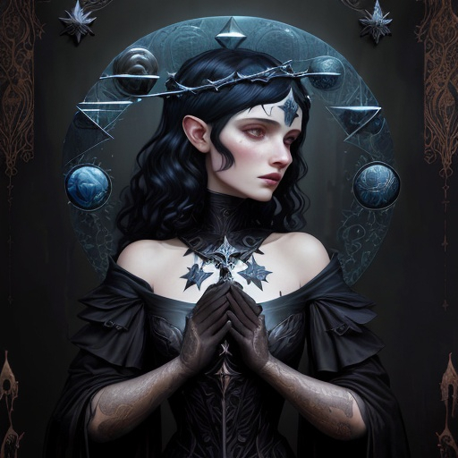 Prompt: comics cover by Bastien Lecouffe-Deharme, Hayv Kahraman, Erik Madigan Heck, Nicholas Hughes, Nicholas Hilliard, Daarken, faerietale couture, dark fantasy:: beauty, Dark Olympus, Hecate, decoupage, intertwined with encaustic painting, impasto, ethereal foggy, craquelure, witch, in the asterism sky, medieval armor with geoglyph engraves, in action, lunar