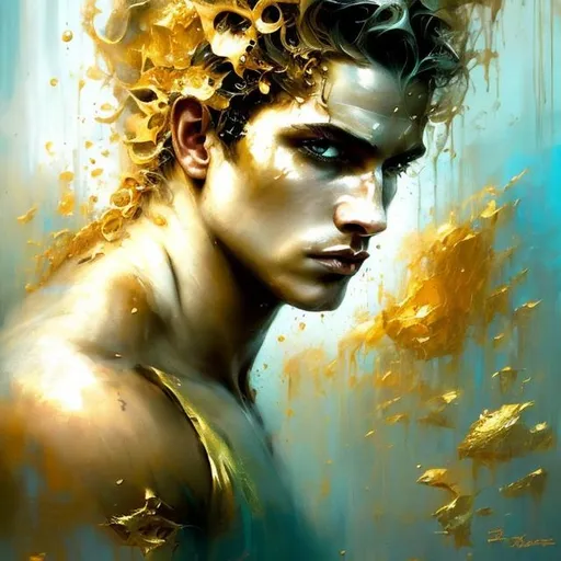 Prompt: art by Bastien Lecouffe Deharme and Billelis; splash art of the god Apollo, handsome, golden, sensual, looking at the camera, blue eyes, long golden hair, powerful, athletic, masculine, Greek, masterpiece, perfect male, highly detailed, detailed eyes, looking at the camera, fantasy, high definition, realistic, digital art, masterpiece, golden colors, 