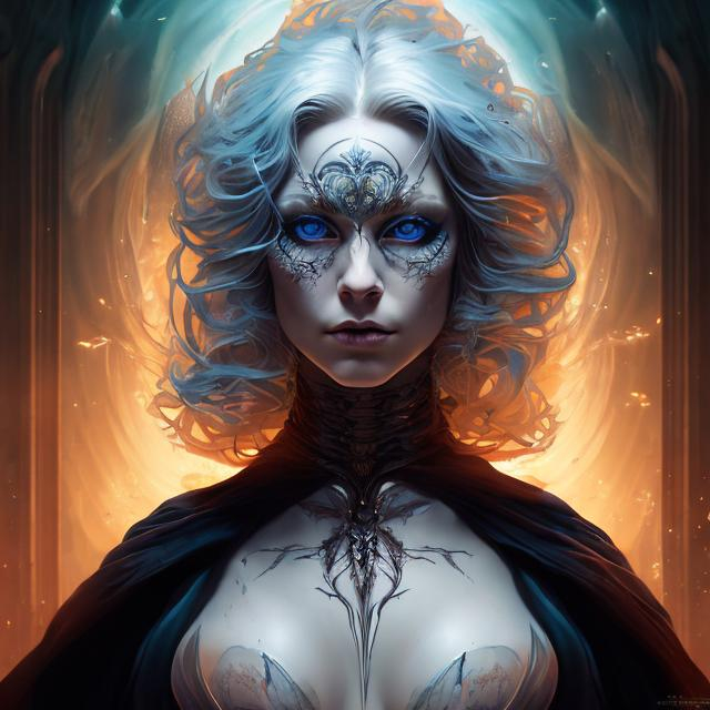 Prompt: splash art of a woman, white hair, bright blue eyes, Bene Gesserit, witch, mystical, body art, jewelry, highly detailed, cinematic lighting, beautiful, chiaroscuro, 8k, realistic, wearing a dramatic dress, open eyes, masterpiece, on the planet Arrakis, Dune, 