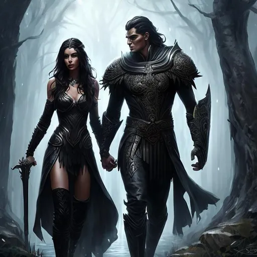 Prompt: full body splash art of a tall man and a woman, Greek heritage, in love, dark hair, dark leather, dark dress, outside in the forest, in love, embracing, detailed eyes, detailed face, detailed, hyperrealistic, splash art, realistic style, fantasy