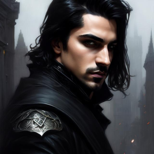 Prompt: half portrait splash art of a man, magician, warrior, priest, dark eyes, goth style, leather, dark suit, open eyes, visible face, 8k, highly detailed, intricate, smooth, sharp focus, artstation, digital painting, concept art, art by greg rutkowski, alphonse mucha and John William Waterhouse, D&D, fantasy